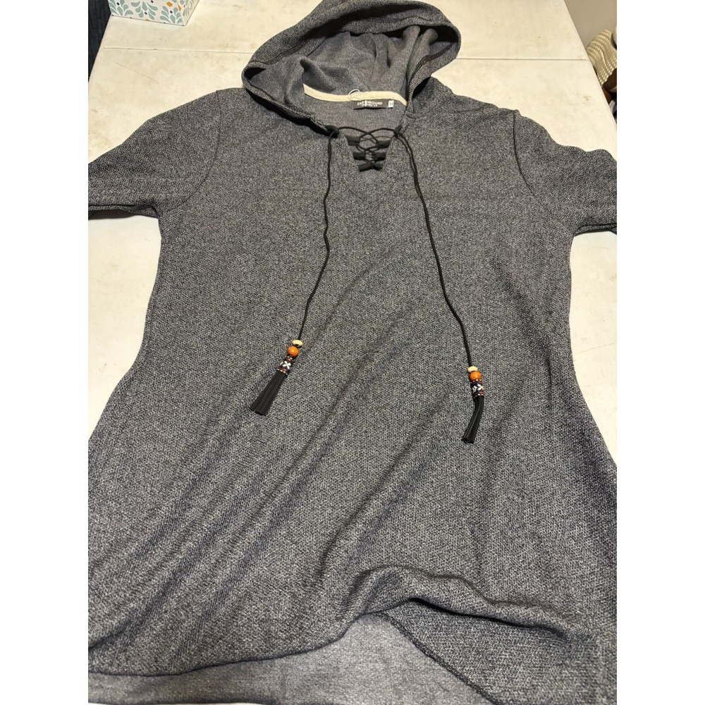 Earthbound Trading Hoodie Womens‎ M Gray Boho Knit Sweater Drawstring Hippie